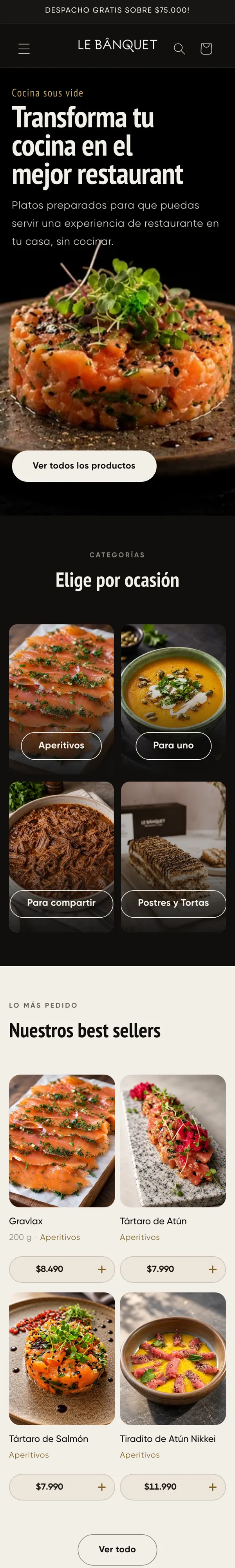 Tienda online de Le Bânquet, platos preparados, vista en un celular